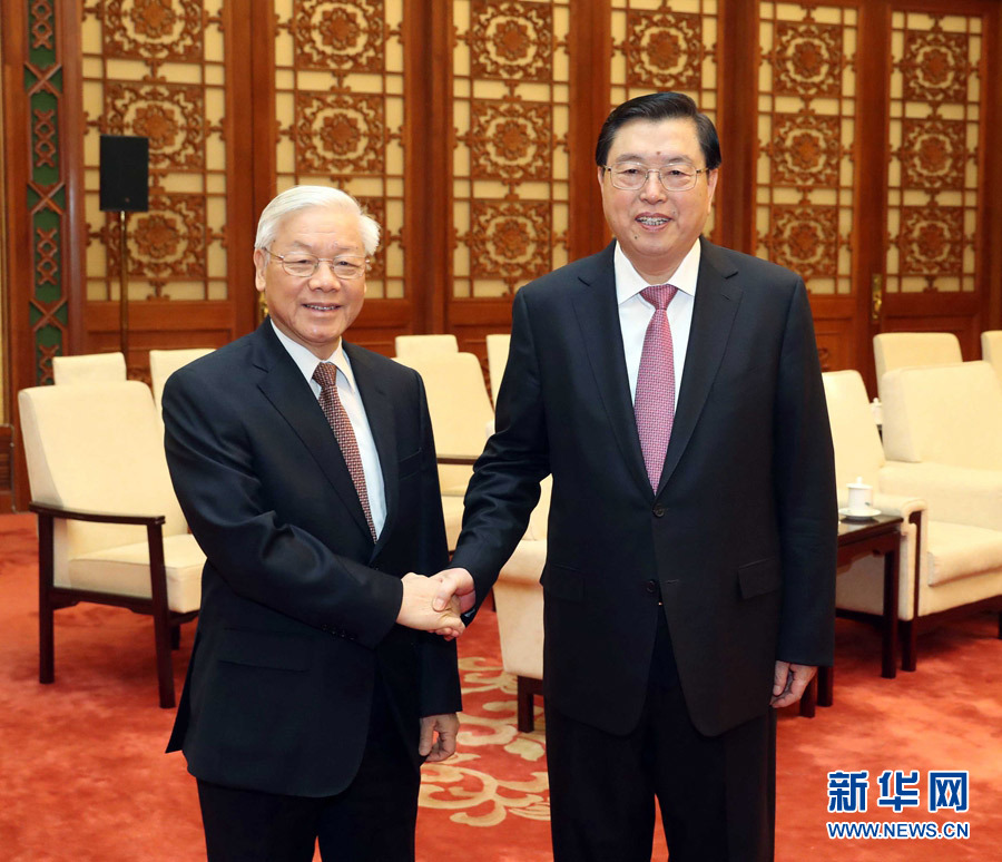1月13日，中共中央政治局常委、全國(guó)人大常委會(huì)委員長(zhǎng)張德江在北京人民大會(huì)堂會(huì)見越共中央總書記阮富仲。 新華社記者 劉衛(wèi)兵 攝