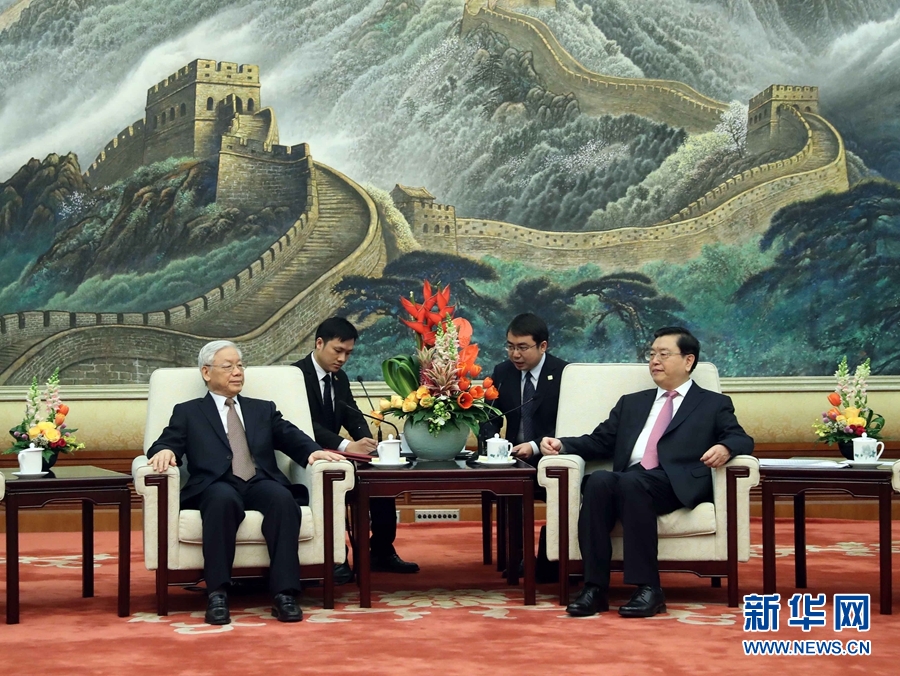 1月13日，中共中央政治局常委、全國(guó)人大常委會(huì)委員長(zhǎng)張德江在北京人民大會(huì)堂會(huì)見越共中央總書記阮富仲。 新華社記者 劉衛(wèi)兵 攝