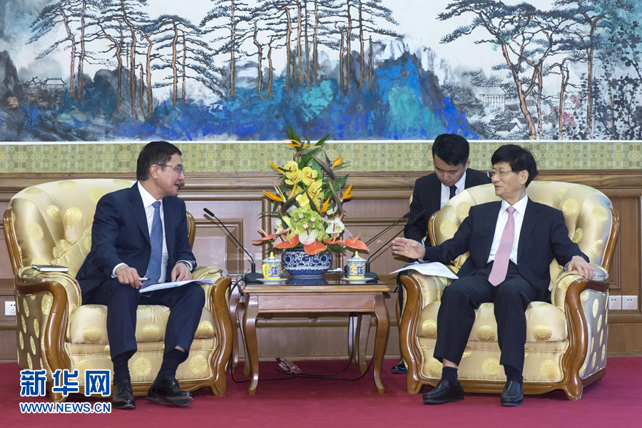 7月19日，中共中央政治局委員、中央政法委書記孟建柱在北京會見烏茲別克斯坦副總理庫奇卡羅夫。 新華社記者崔新鈺攝