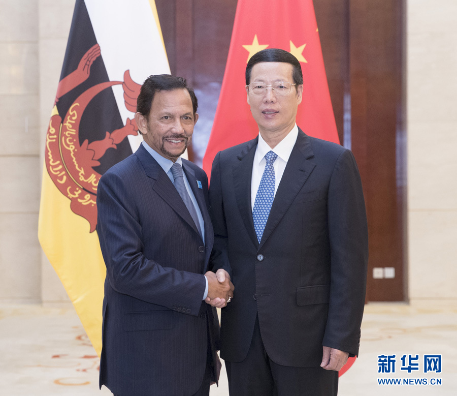 9月11日，中共中央政治局常委、國(guó)務(wù)院副總理張高麗在廣西南寧會(huì)見(jiàn)前來(lái)出席第十四屆中國(guó)－東盟博覽會(huì)和中國(guó)－東盟商務(wù)與投資峰會(huì)的文萊蘇丹哈桑納爾。新華社記者王曄攝