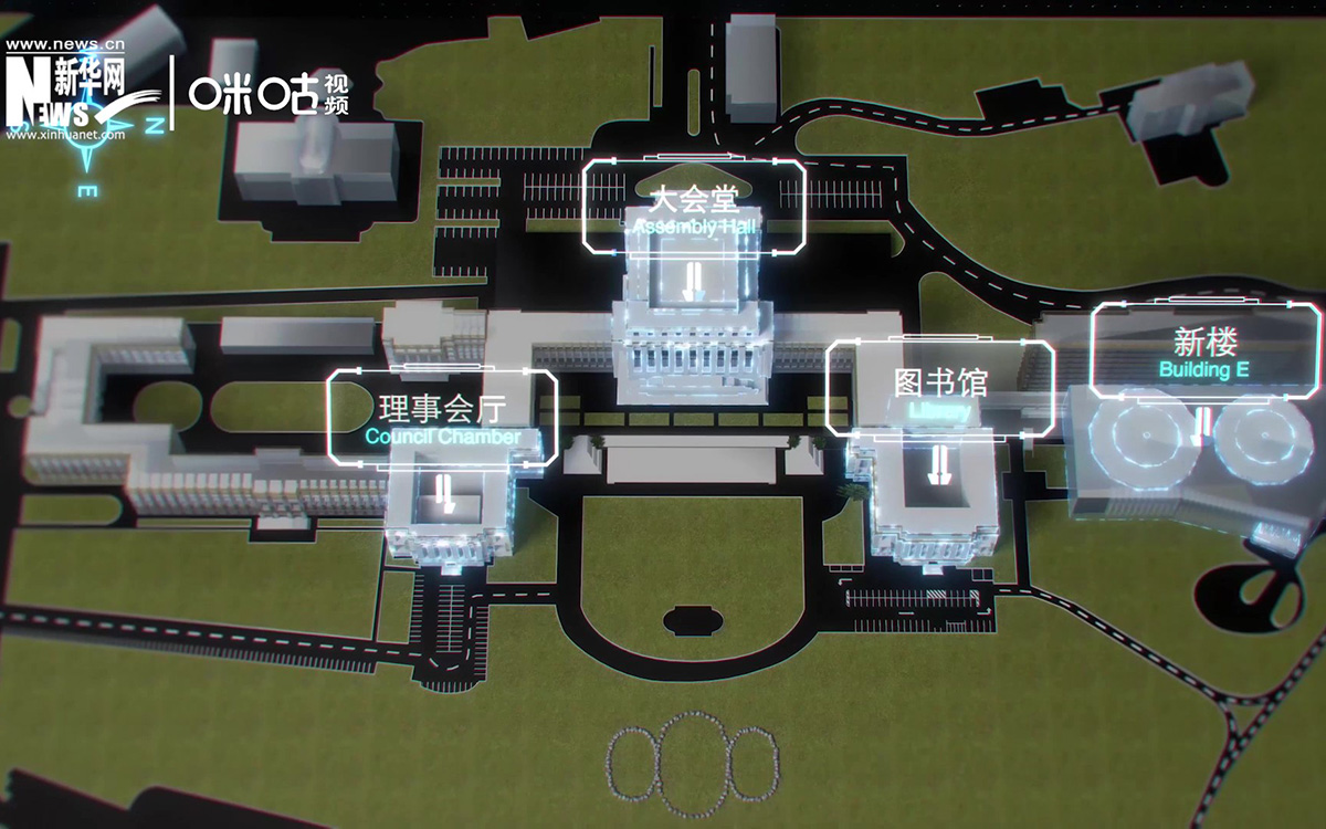 萬(wàn)國(guó)宮整個(gè)建筑群呈“品”字形，擁有34間會(huì)議廳