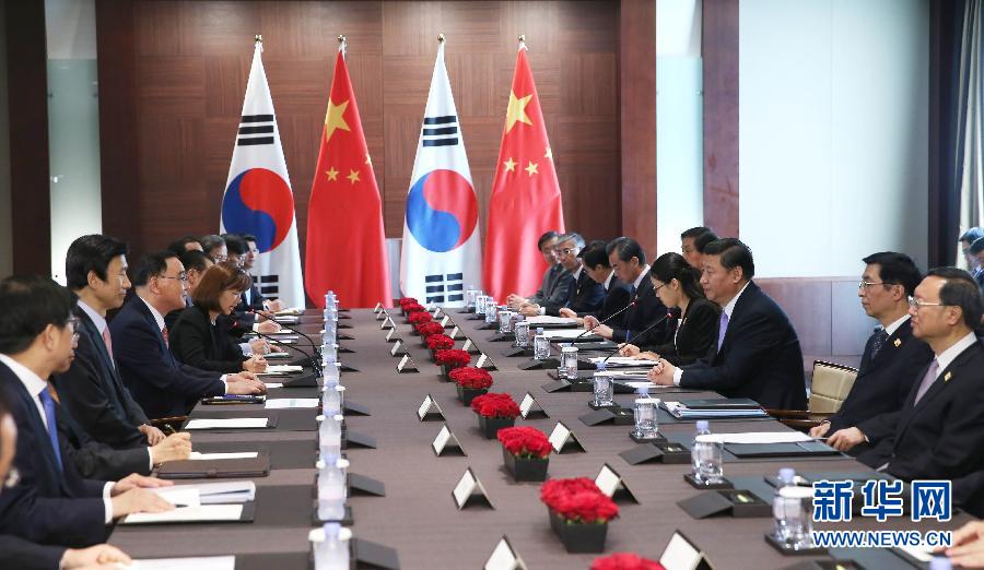 7月4日，國家主席習(xí)近平在首爾會見韓國總理鄭烘原。 新華社記者謝環(huán)馳攝 